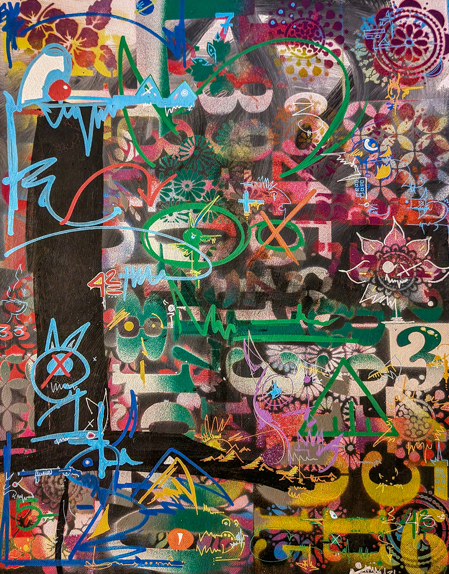 Densely layered mixed media painting with stenciled flowers, animal figures, numbers, and symbols by Michael MacDonald